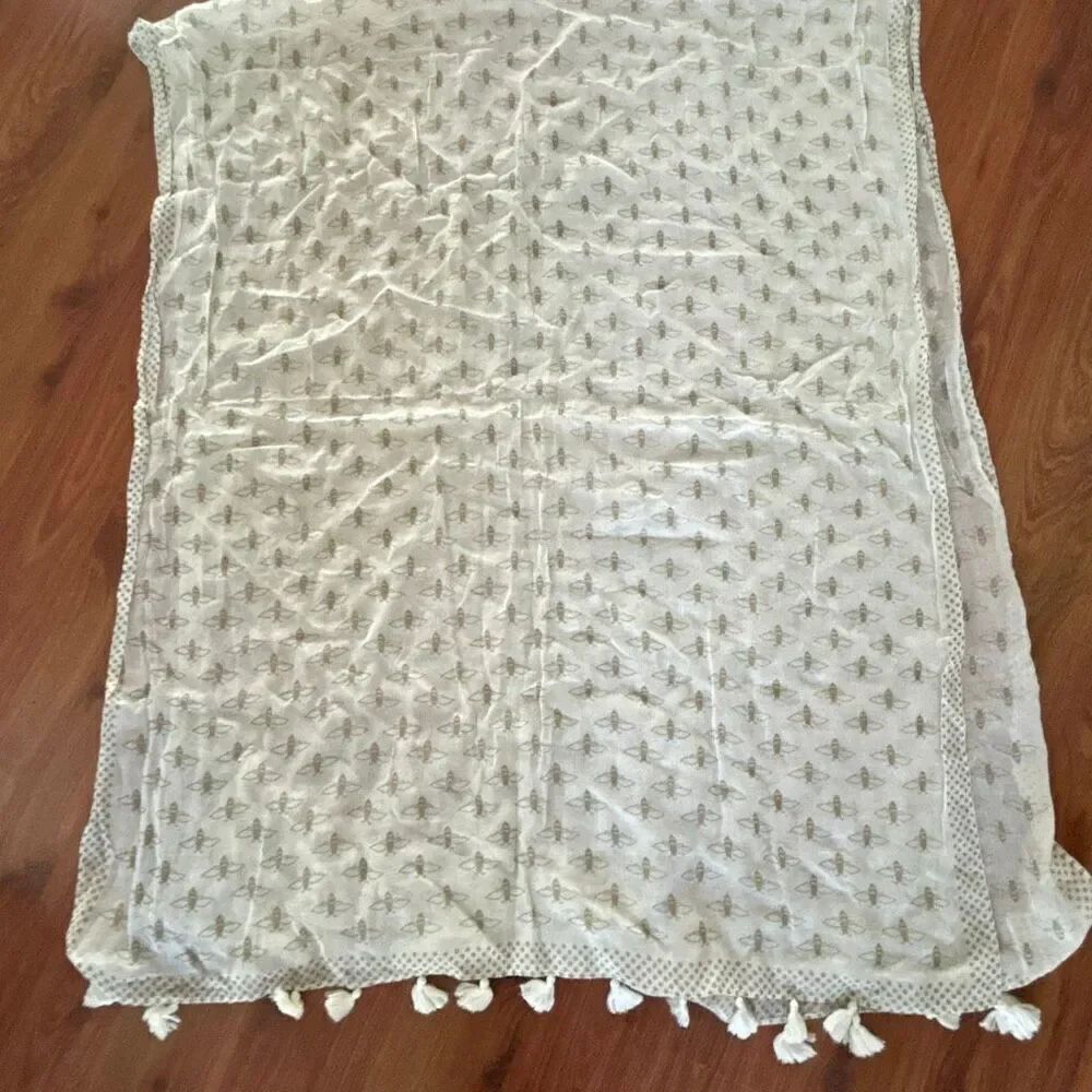 Ann Taylor White tan bee print swimwear scarf shawl wrap with tassels